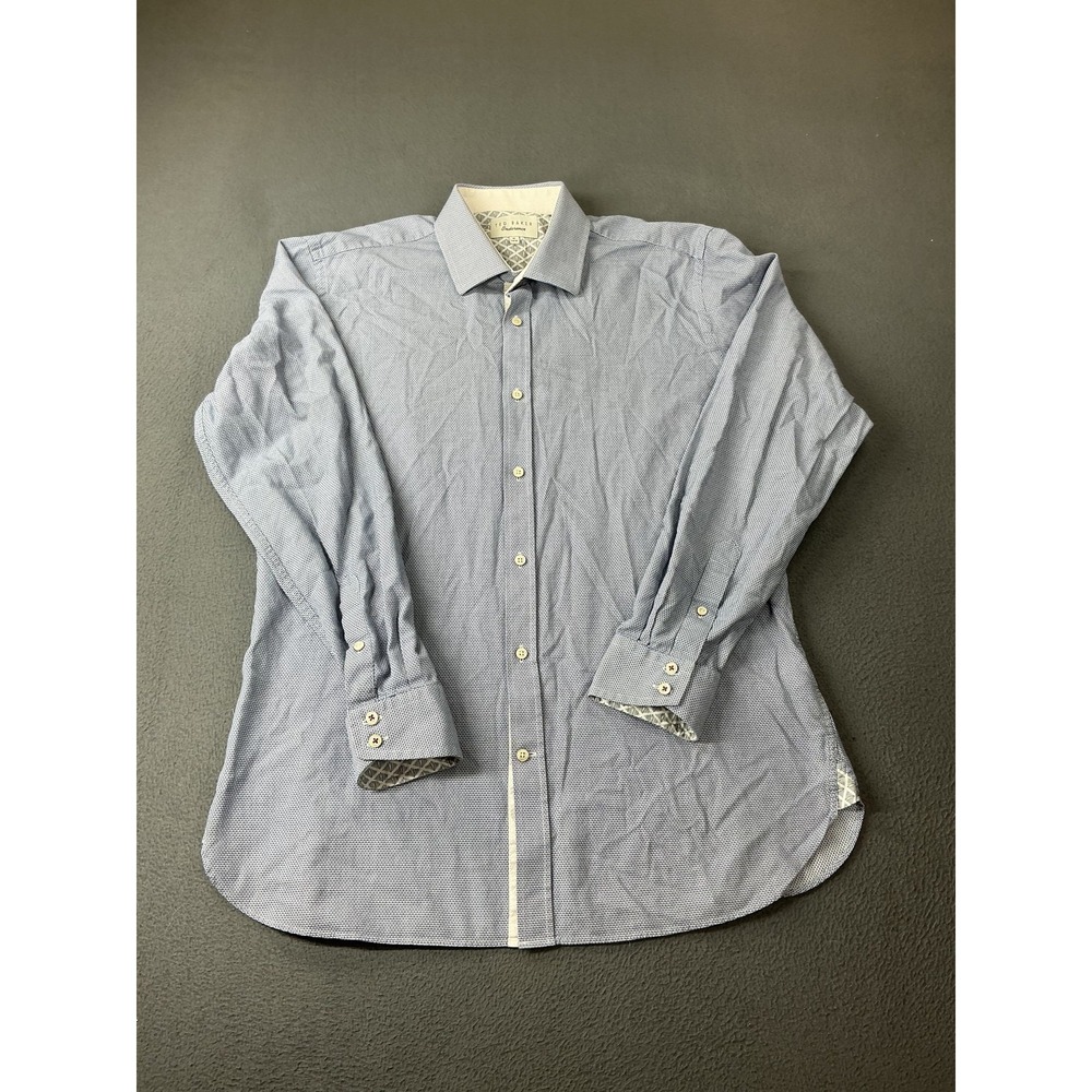 Ted Baker Shirt Mens 16 Blue Endurance Point Collar Long Sleeve Slim Geometric